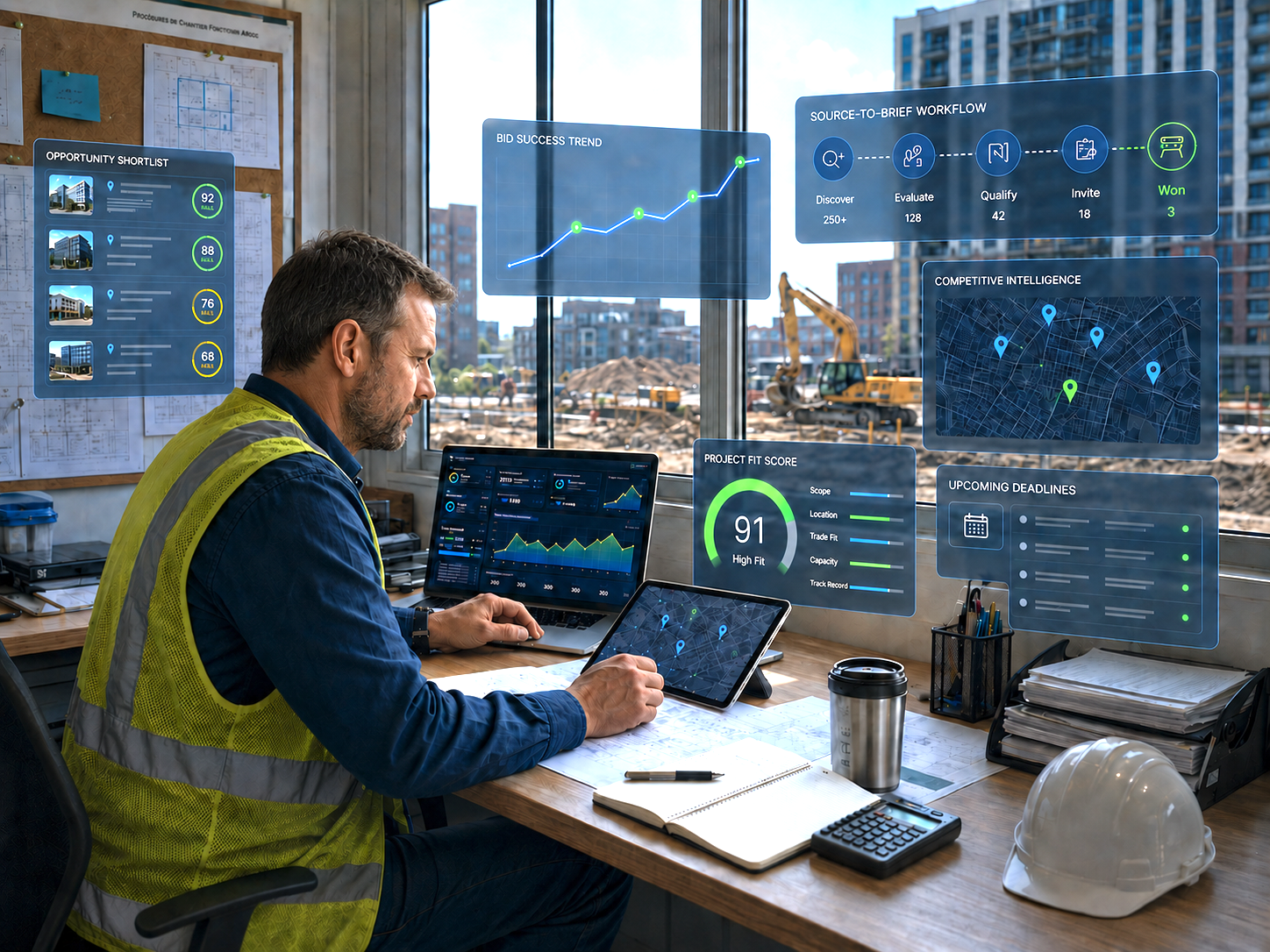 Contractor office reviewing a construction opportunity dashboard