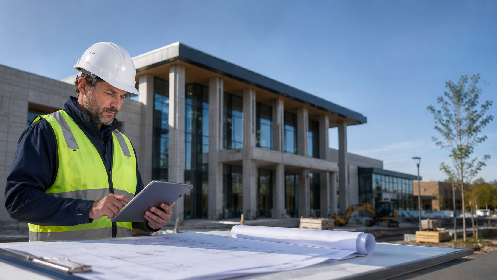 Contractor reviewing a public building opportunity on a tablet