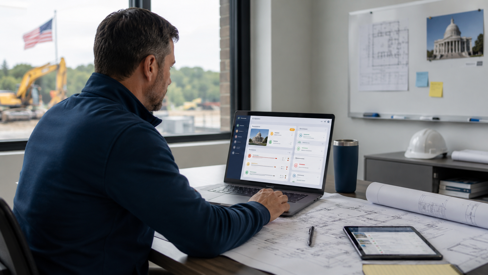 Estimator reviewing public bid documents in a contractor office