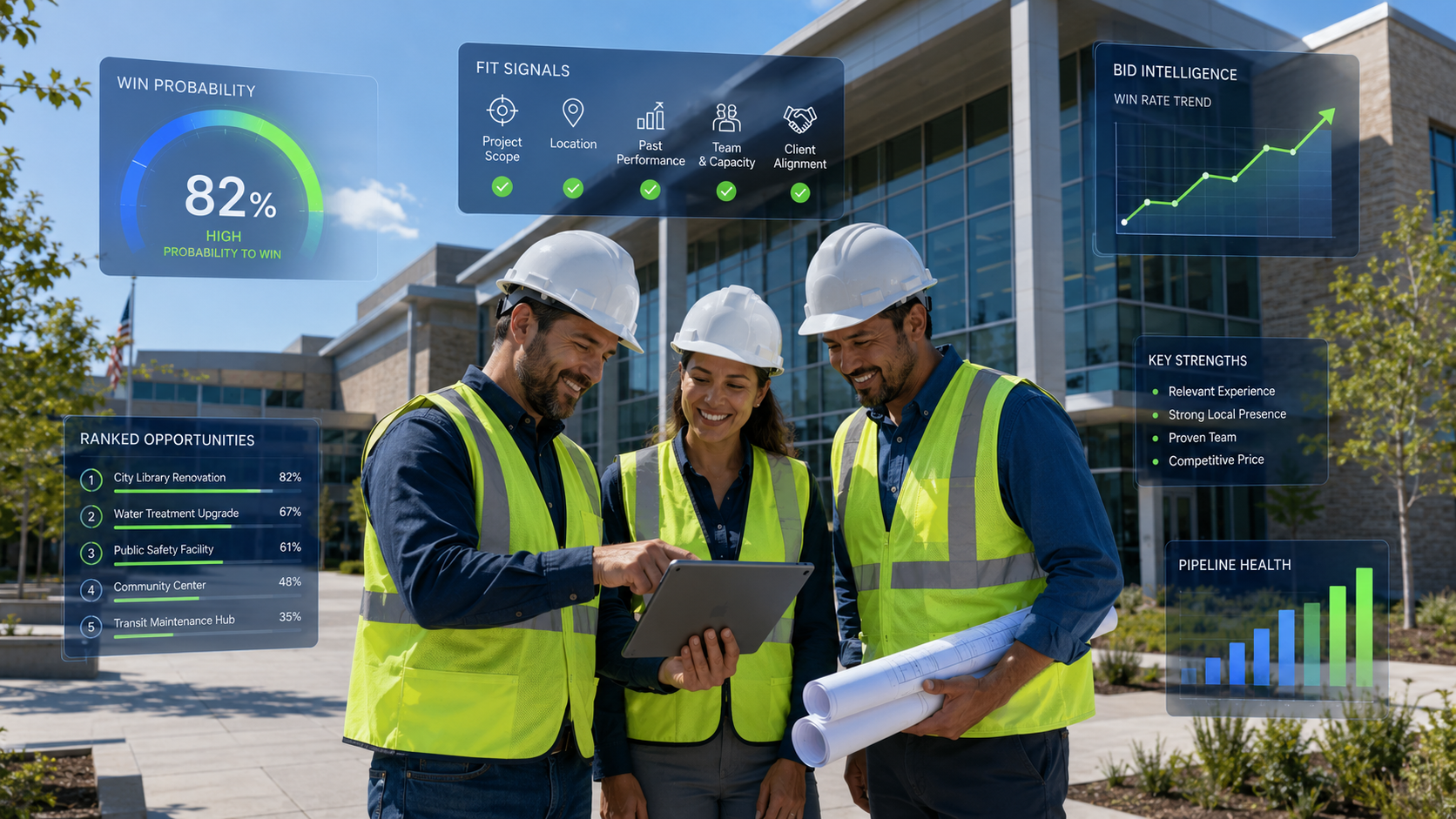 Contractor team reviewing a project opportunity on site with a tablet