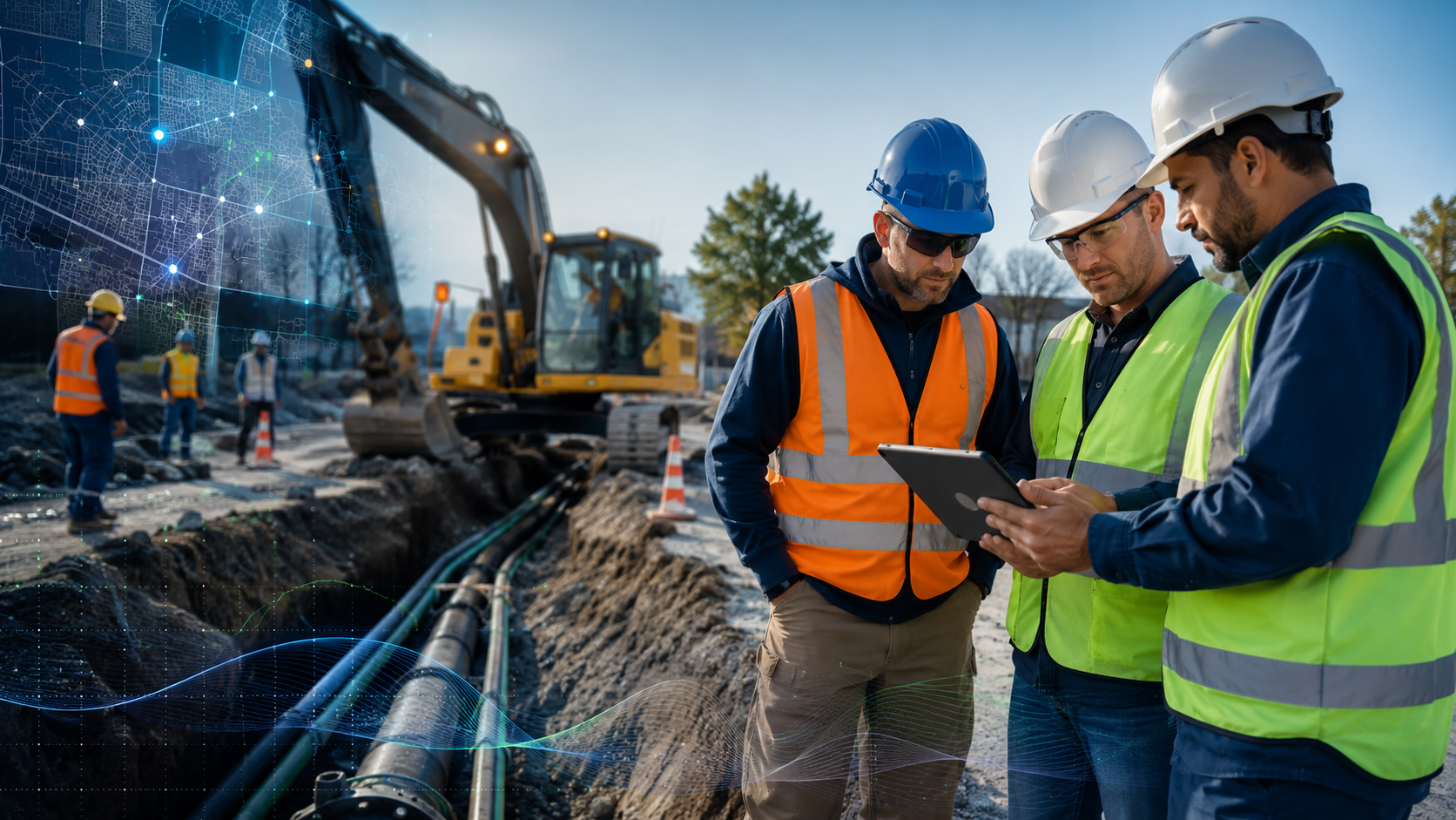 Contractor team reviewing a utility excavation site opportunity